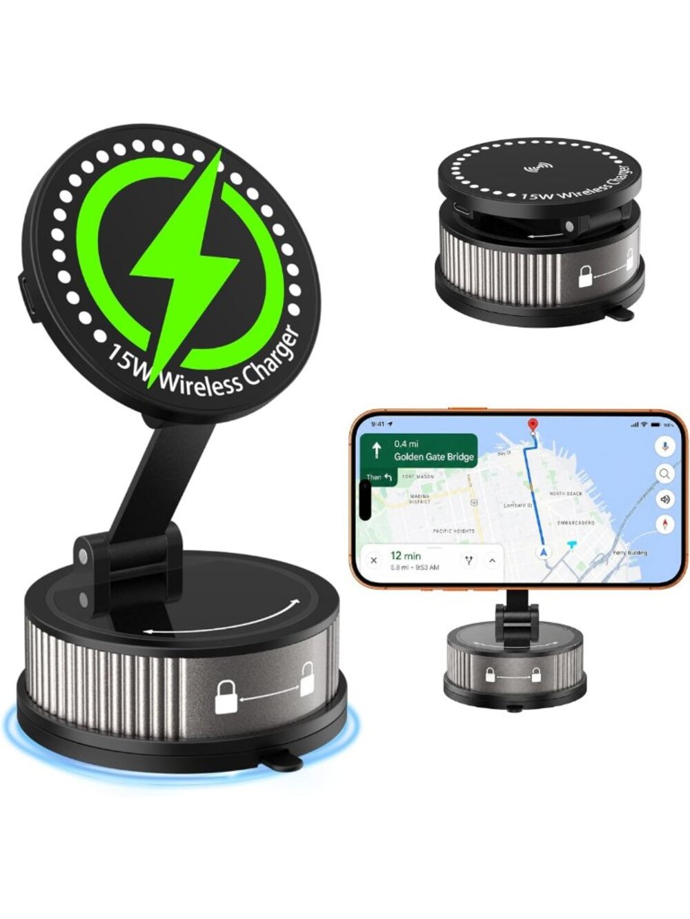 15W Fast Wireless Charging Car Mount | 360° Adjustable Phone Holder with Strong